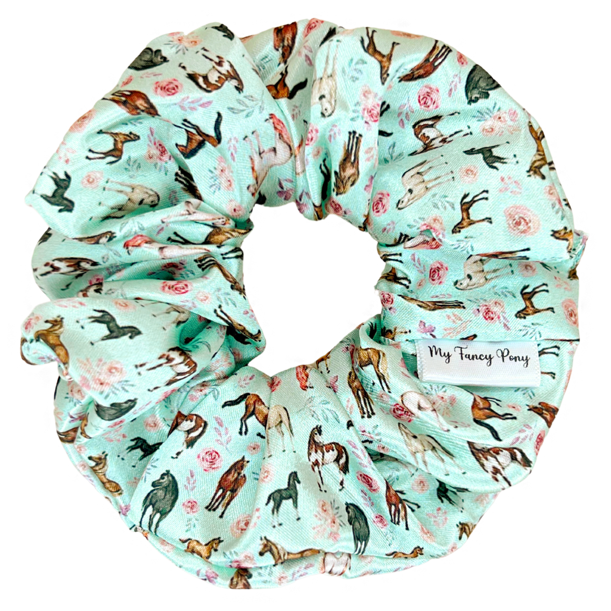 Mint Rosie Ponies Satin Scrunchie