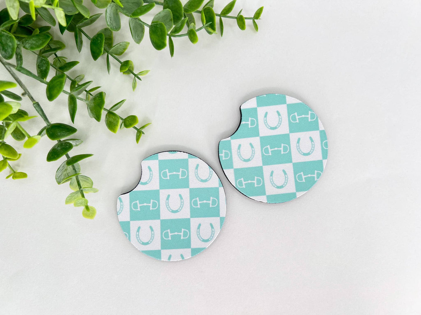 Checkered Equestrian Neoprene Car Coasters – Set of 2
