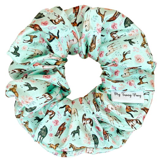 Mint Rosie Ponies Satin Scrunchie