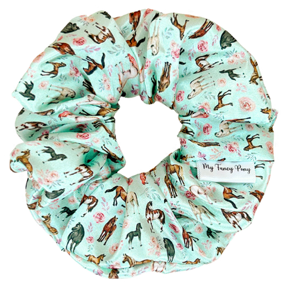 Mint Rosie Ponies Satin Scrunchie
