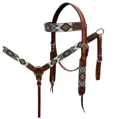 Hilason Horse Leaf Hand Carved American Leather Breast Collar Headstall Brown Beaded Work