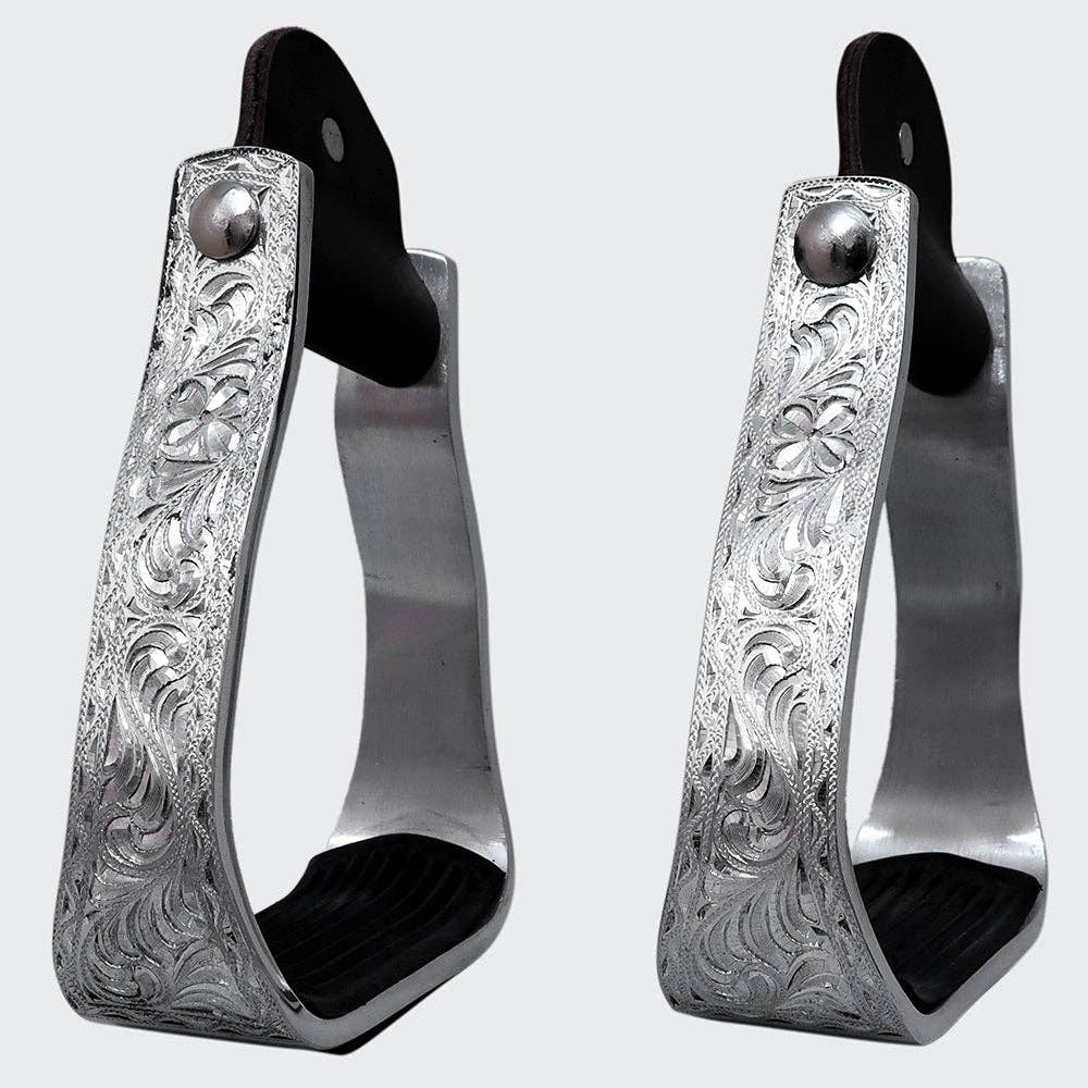 HILASON 3" Neck Western Aluminium Slanted Horse Stirrups Floral Engraved