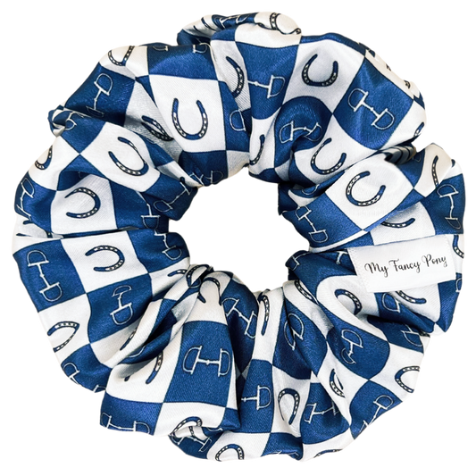 Dark Blue Equestrian Checkered Satin Scrunchie