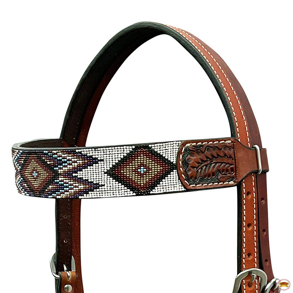 Hilason Horse Leaf Hand Carved American Leather Breast Collar Headstall Brown Beaded Work