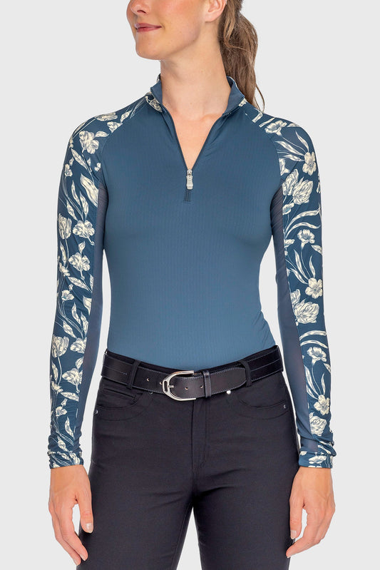 Sailor Blue French Tulip Raglan Long Sleeve 1/4 Zip Sun Shirt - [Kastel]