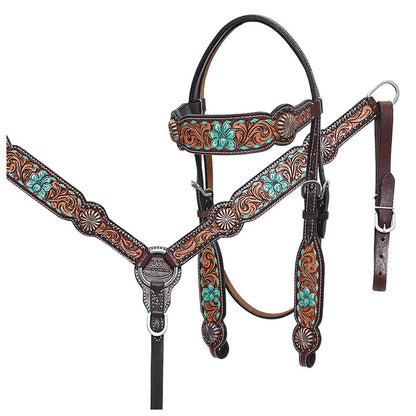 HILASON Western Horse Floral Headstall Breast Collar One Headstall American Leather Tack Set