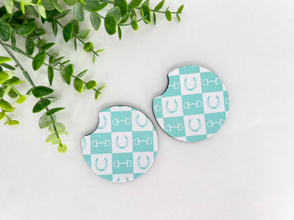 Checkered Equestrian Neoprene Car Coasters – Set of 2