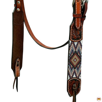 Hilason Horse Leaf Hand Carved American Leather Breast Collar Headstall Brown Beaded Work
