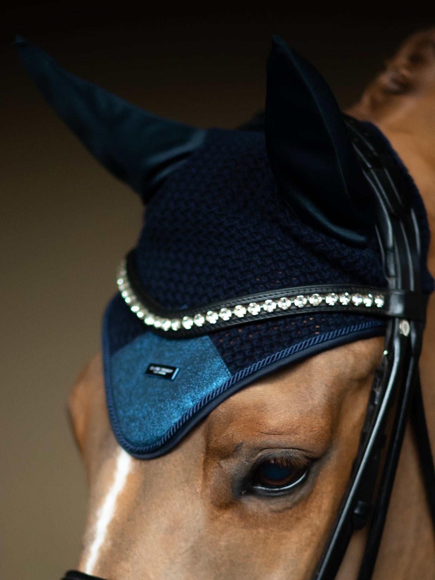 Equestrian Stockholm Ear Bonnet Glimmer Blue Meadow - Full - Riders Choice Supply Co